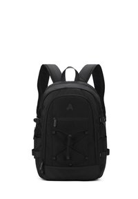 Sac à dos noir avec des bretelles rembourrées, une poche zippée à l'avant, un design avec cordon élastique et un logo sur le devant. Tissu texturé avec des coutures renforcées.