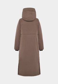 Lang bruin jasje met een capuchon, gemaakt van gladde stof. Heeft een rechte snit, zijslitsen en contrasterende zwarte manchetstukken. Minimalistisch ontwerp.
