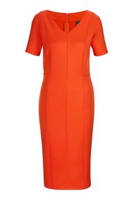 Oranje getailleerde jurk met korte mouwen, V-hals, knielange zoom en verticale naaddetails. Gemaakt van rekbaar materiaal. Rits op de rug.
