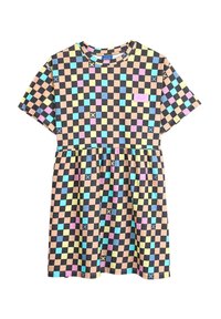 Robe à manches courtes en mélange de coton avec un motif à carreaux multicolores, taille élastique et col rond simple. Dotée d'une poche avant.