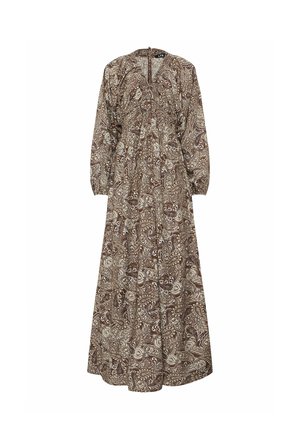 Pitkä ruskea paisley-kuvioinen mekko, jossa on pitkät hihat, kerrostettu vyötärö ja V-pääntie, jossa etuosassa napitusdetaili.
