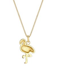 Gouden flamingo hangerketting met een gestructureerd oppervlak, bevestigd aan een dunne, gevlochten ketting. Gemerkt "925" voor sterling zilver.