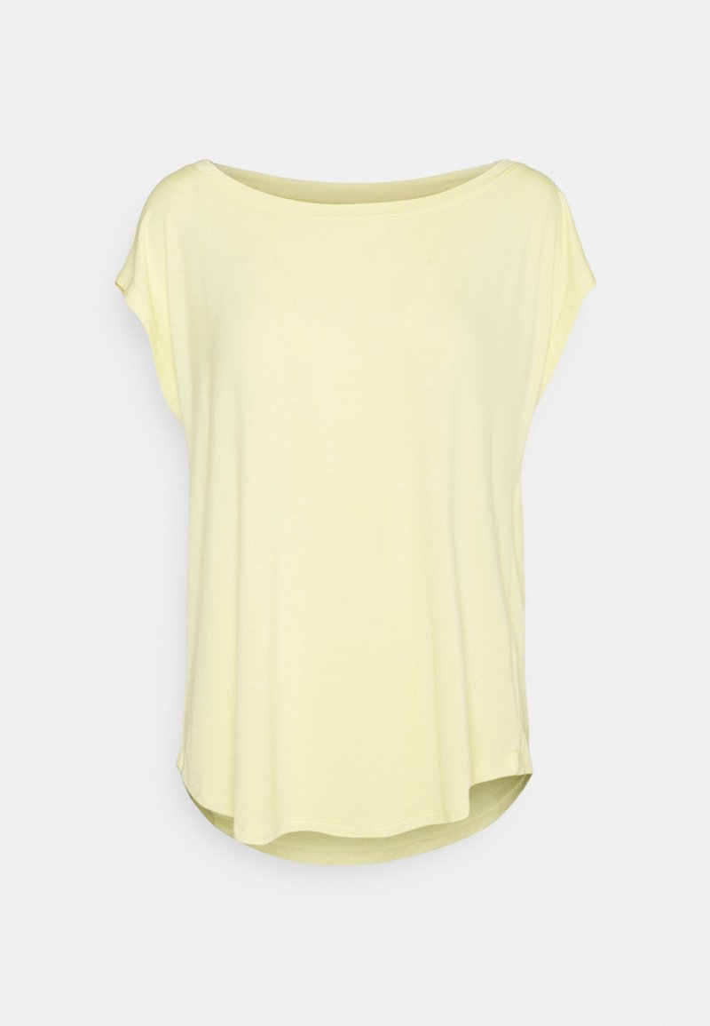 Ljusgul kortärmad T-shirt med vid halsringning, något böjd nederkant och mjukt tyg. Enkelt design utan mönster eller dekorationer.