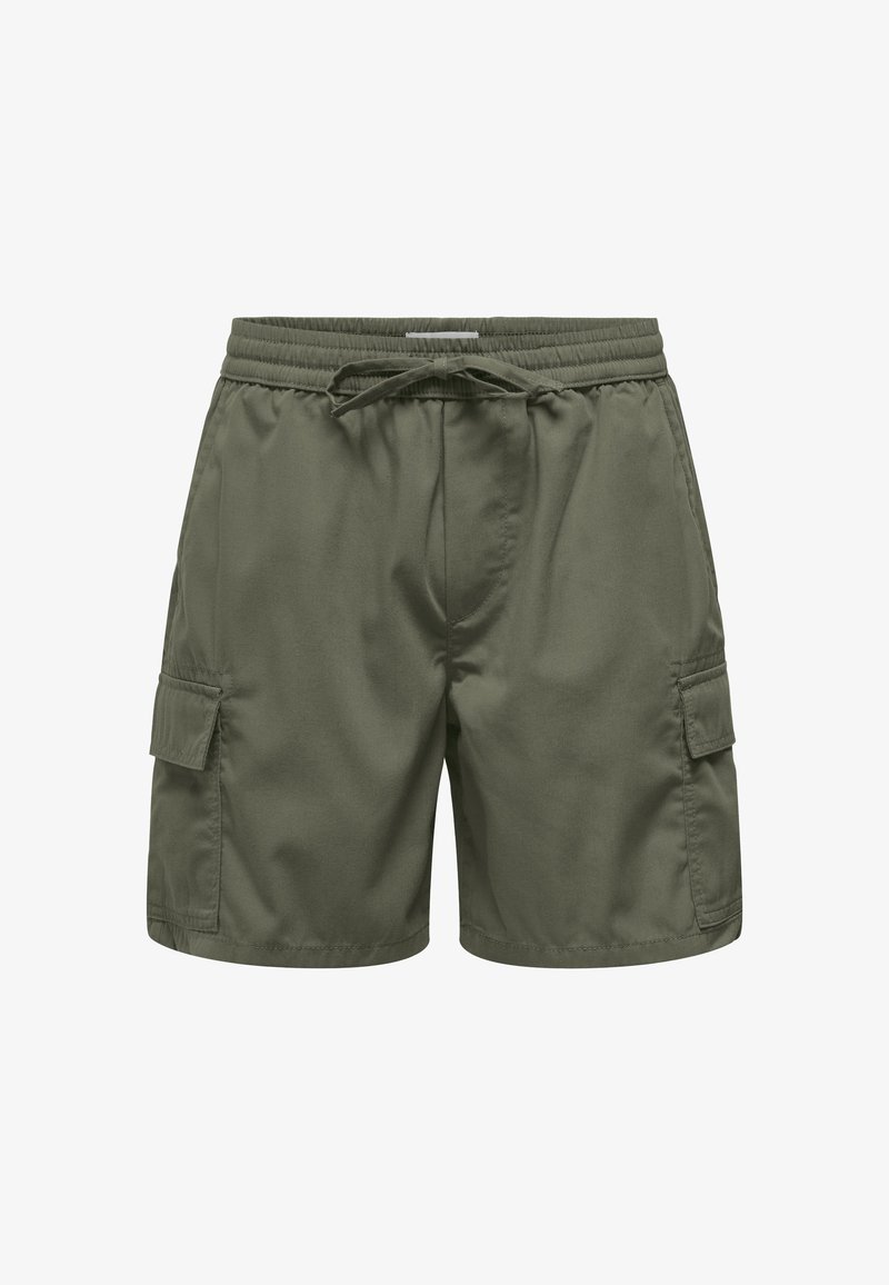Shorts cargo verts olive en tissu léger, avec une taille élastique, un cordon de serrage et des poches latérales. Fabriqués dans un matériau à texture lisse.