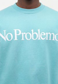 Personne portant un sweat-shirt bleu clair à col rond avec un grand texte blanc « No Problem » sur la poitrine.