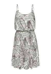 Abito floreale con spalline sottili, vita elastica e orlo arricciato. Presenta contorni di foglie nere su uno sfondo bianco.