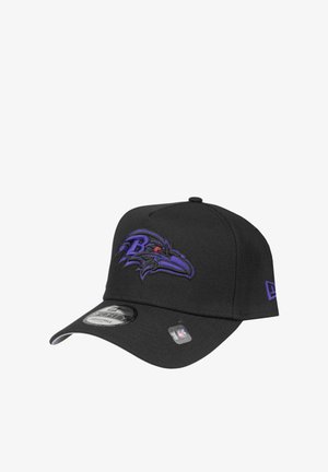 Black adjustable baseball cap featuring a purple Baltimore Ravens logo with a red eye and NFL stickers on the brim.