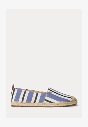 Γυναικείο παντόφλα τύπου εσπαντρίγια με ρίγες σε μπλε, λευκό και μαύρο, πατούσα από τζούτ και μικρή χρυσή λεπτομέρεια κοντά στην πάνω άκρη.
