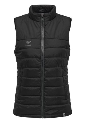 Veste noire matelassée sans manches avec fermeture éclair intégrale à l’avant, col montant, poches latérales et logo « hummel » sur la poitrine et la fermeture éclair.