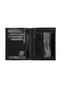 Czarny skórzany portfel o błyszczącej powierzchni. Posiada miejsca na karty, siateczkową kieszeń na identyfikator oraz bezpieczne zapięcie na zatrzask. Prosty, minimalistyczny design.