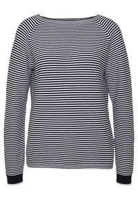 Pull à manches longues rayé bleu marine et blanc, doté d'un col large, de poignets côtelés et d'une coupe décontractée avec des rayures horizontales.