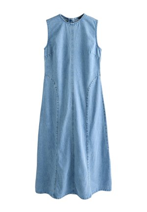 Ärmelloses, mittelanges, hellblaues Denimkleid mit rundem Ausschnitt und Nahtdetails vorne und an den Seiten.