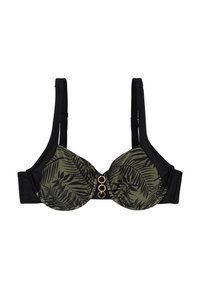 Haut de bikini noir et olive avec un motif de feuilles, soutien-gorge à armatures et accent doré au centre. Bretelles ajustables et bonnets moulés.