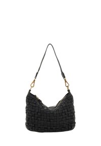 Borsa a tracolla in pelle intrecciata nera con una forma curvilinea, dotata di una singola tracolla e hardware dorato. Chiusura con zip sulla parte superiore. Superficie texture.