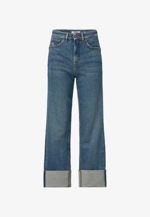 Jeansy z wysokim stanem i prostymi nogawkami, wykonane z niebieskiego dżinsu, z podwiniętymi mankietami, pięcioma kieszeniami i kontrastowym przeszyciem.