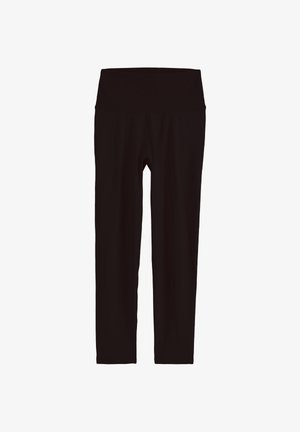 Schwarze, hoch taillierte Leggings bis zum Knöchel mit breitem Bund, gezeigt vor weißem Hintergrund.