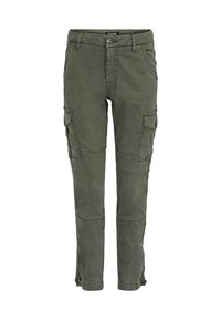 Olivově zelené kalhoty typu cargo z materiálu s bavlněnou směsí, s několika bočními kapsami a zúženým střihem s zapínáním na knoflík.