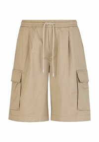 Beige Cargo-Shorts aus leichtem Material mit elastischem Bund, Kordelzug und zwei seitlichen Taschen mit Klappen.