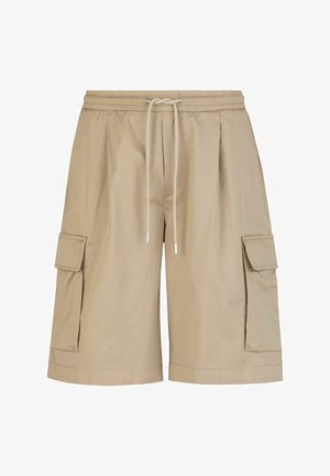 Beige Cargo-Shorts aus leichtem Material mit elastischem Bund, Kordelzug und zwei seitlichen Taschen mit Klappen.