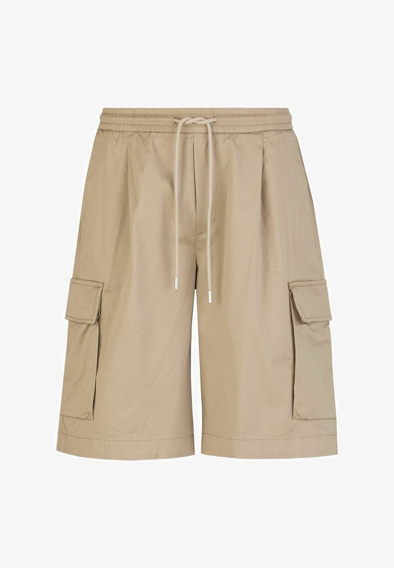 Pantalones cortos cargo beige hechos de una tela ligera, que cuentan con una cinturilla elástica, cierre con cordón y dos bolsillos laterales con solapa.