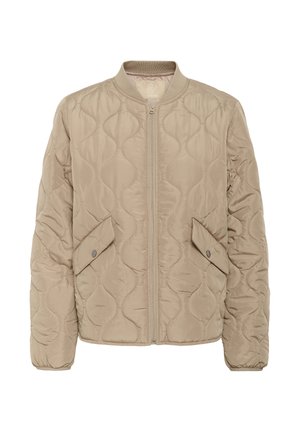 Veste bomber matelassée beige clair, avec une texture matelassée, une fermeture éclair avant et deux poches latérales à boutons-pression.
