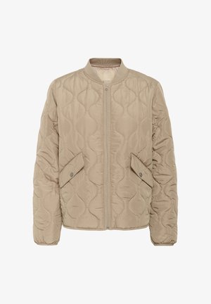 Veste bomber matelassée beige clair, avec une texture matelassée, une fermeture éclair avant et deux poches latérales à boutons-pression.