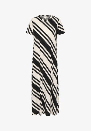 Pasiasta sukienka midi w kolorze czarnym i białym, wykonana z miękkiego materiału. Posiada krótkie rękawy i okrągły dekolt z ukośnymi wzorami w paski.