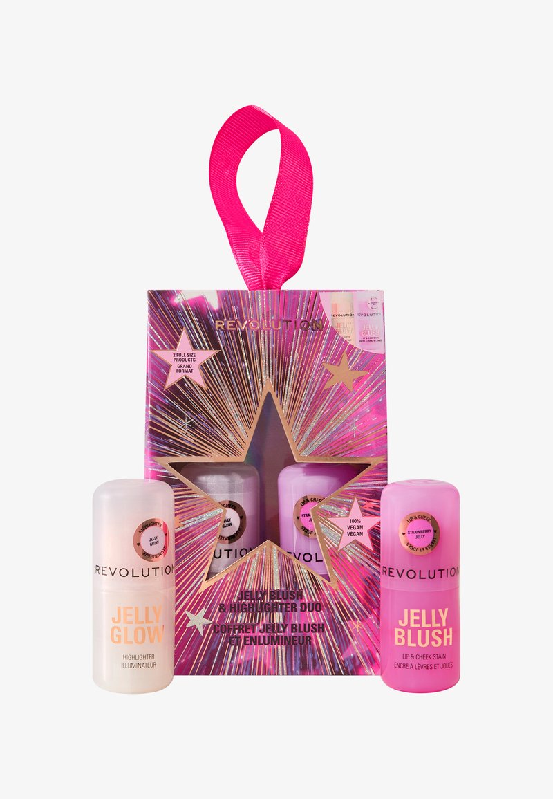 Revolution Jelly Blush & Highlighter Duo met een roze en doorzichtige cilinderverpakking, voorzien van een felroze lint en een doosontwerp met sterpatroon.