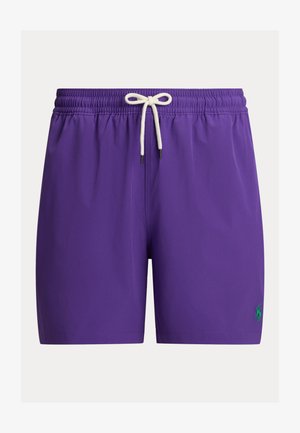 Violetit uimashortsit, joissa on joustava vyötärönauha, valkoinen kiristysnauha ja pieni vihreä Polo-logo. Sileä kangas ja klassinen leikkaus.