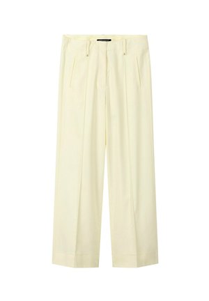 Cream-colored wide-leg trousers with front pleats, side pockets, belt loops, and a concealed front closure.