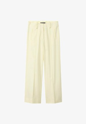Cream-colored wide-leg trousers with front pleats, side pockets, belt loops, and a concealed front closure.