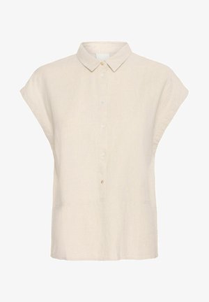 Light beige linen short-sleeve shirt with a button-up front and a classic collar. Features a relaxed fit and subtle texture.