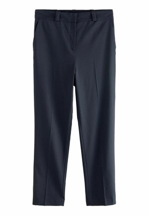 Pantalon bleu marine sur mesure avec passants de ceinture et coupe droite, adapté pour une tenue formelle ou professionnelle.