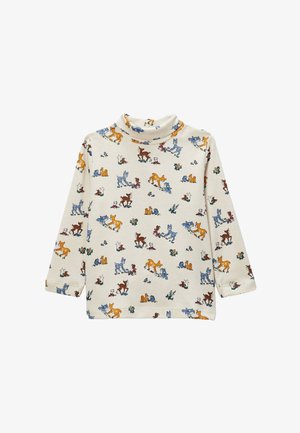 Haut à col roulé à manches longues couleur crème, arborant un motif coloré d'animaux et de fleurs. Tissu doux avec un col et des poignets ajustés.