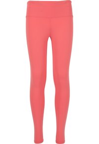 Leggings rosa realizzati in tessuto elasticizzato con una cintura ampia e piatta. Presentano una superficie liscia e un design aderente per una silhouette slanciata.