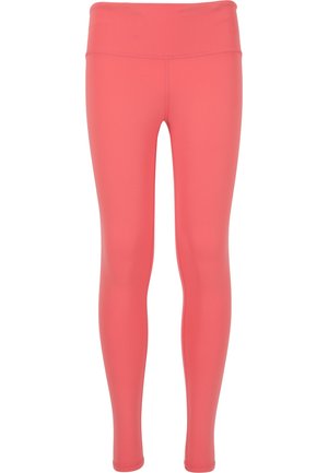 Roze leggings gemaakt van rekbare stof met een brede, platte tailleband. Ze hebben een gladde textuur en een strakke pasvorm voor een gestroomlijnde silhoeet.