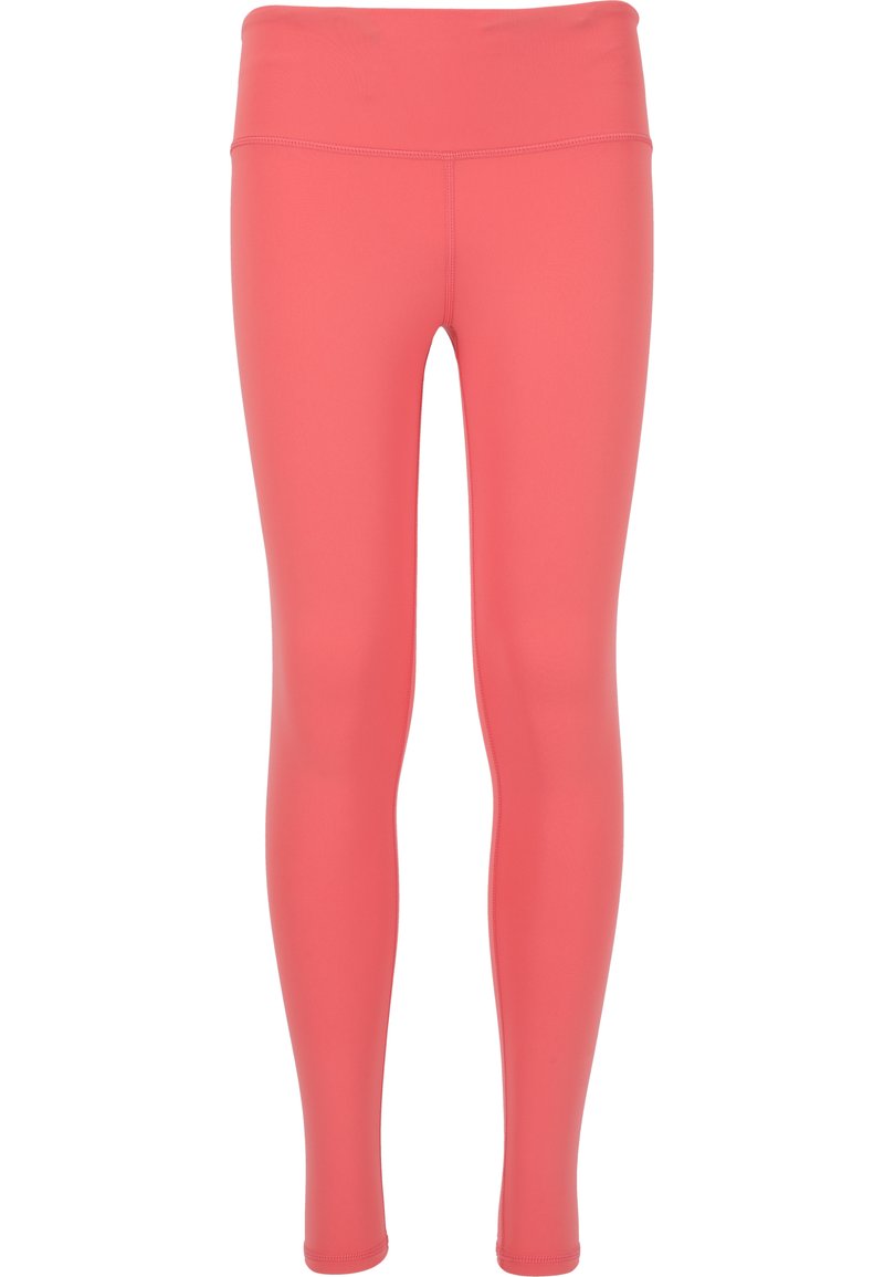 Leggings rosa realizzati in tessuto elasticizzato con una cintura ampia e piatta. Presentano una superficie liscia e un design aderente per una silhouette slanciata.