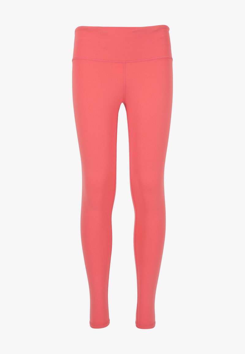 Leggings rosa realizzati in tessuto elasticizzato con una cintura ampia e piatta. Presentano una superficie liscia e un design aderente per una silhouette slanciata.