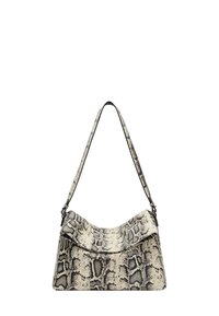 Sac à épaule à motif de serpent en beige et noir, avec un design courbé, un dessus plat et une seule bandoulière, fabriqué en matériau synthétique texturé.
