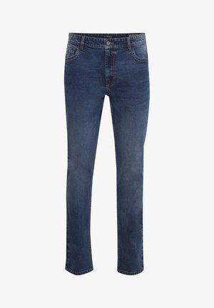 Dark blue denim jeans with a straight cut, five pockets, yellow stitching, and a button closure at the waistband. Smooth texture.