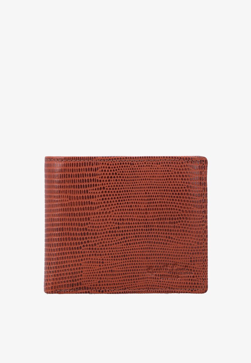 Braune Lederbrieftasche mit Reptilienmuster, rechteckiger Form und sichtbaren Nähten entlang der Ränder auf weißem Hintergrund.