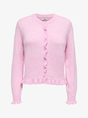 Roze gebreid vest met een ronde hals, geruffleerde voorkant en manchetten, voorzien van vier knopen. Zachte textuur met geribbelde accenten aan de zoom.