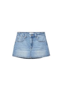 Denim krilo v svetlo modri barvi s širokim krojem. Ima sprednje žepe, gumb za zapiranje in majhne dekorativne kamenčke na tkanini.