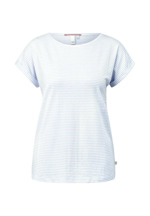 T-shirt blanc à manches courtes pour femme avec fines rayures horizontales bleu clair et col rond, taille petite.
