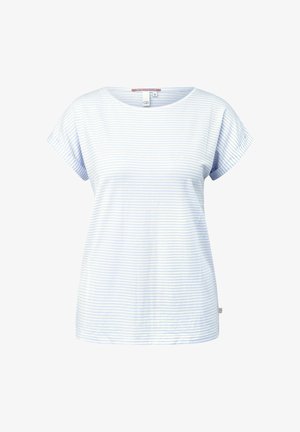 Biały damski T-shirt z krótkim rękawem, ozdobiony cienkimi, jasnoniebieskimi poziomymi paskami, z okrągłym dekoltem, rozmiar mały.