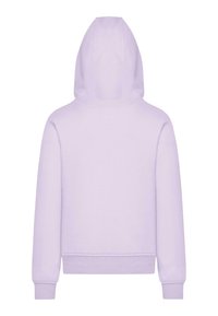 Hellblaues Hoodie mit Kängurutasche, gerippten Bündchen und Saum. Verfügt über eine Kapuze mit Kordelzug und eine glatte, weiche Textur.