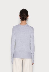 Pull gris clair avec un col arrondi et des manches longues. Comprend des poignets et un ourlet côtelés, fabriqué dans un tissu doux et texturé.