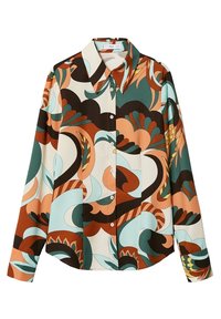 Chemise à manches longues avec col pointu, présentant des motifs floraux et d'oiseaux abstraits audacieux en couleurs bleu sarcelle, orange, marron et crème.