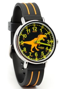 Montre avec bracelet en silicone noir et accents orange, dotée d'un cadran rond affichant des chiffres jaunes et une silhouette de dinosaure. Mouvement à quartz.