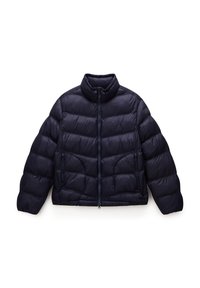 Giacca puffer blu navy con colletto alto, chiusura con zip e motivo trapuntato. Presenta polsini elasticizzati e tasche laterali, realizzata in materiale leggero.